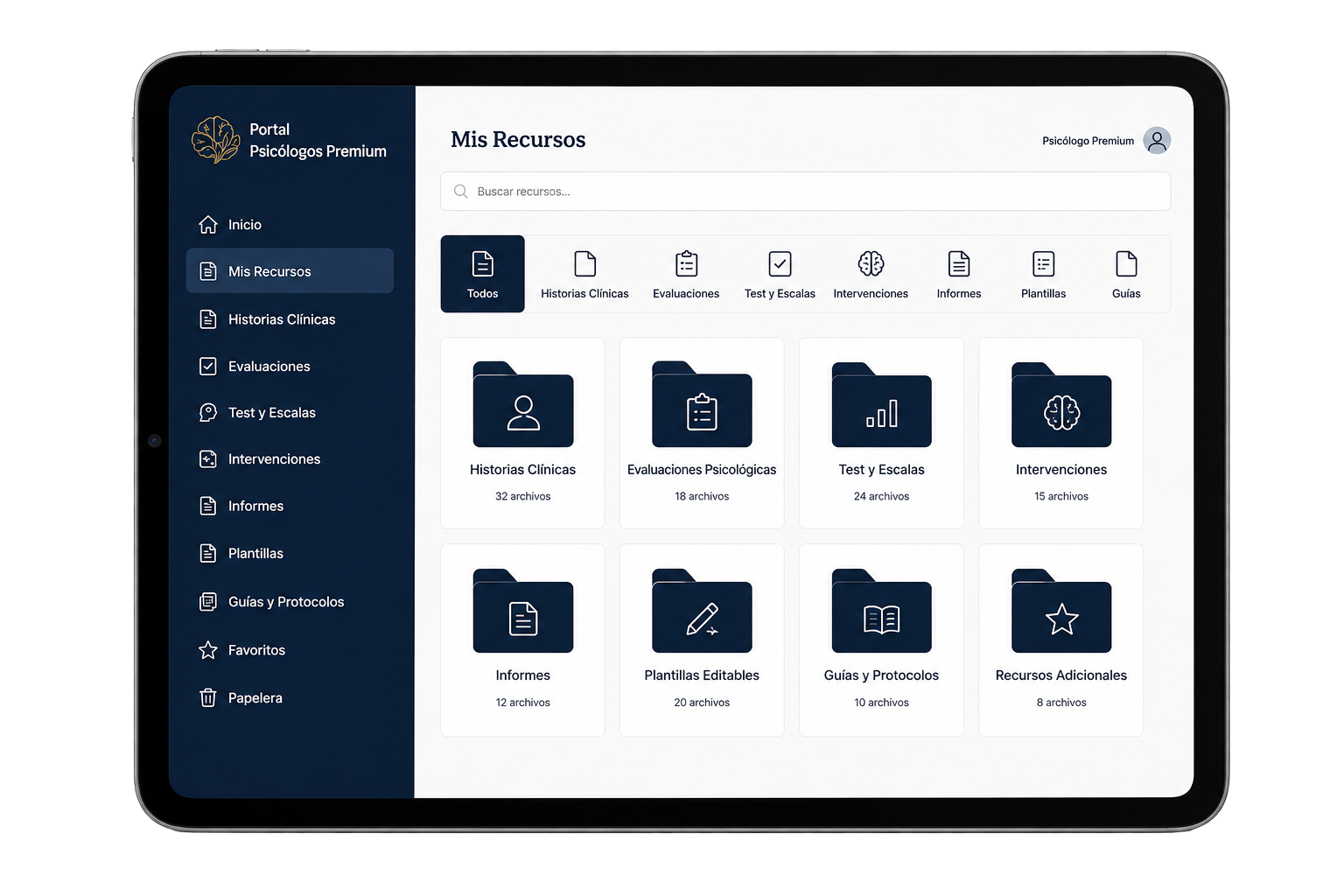 Portal Psicología Premium en tablet